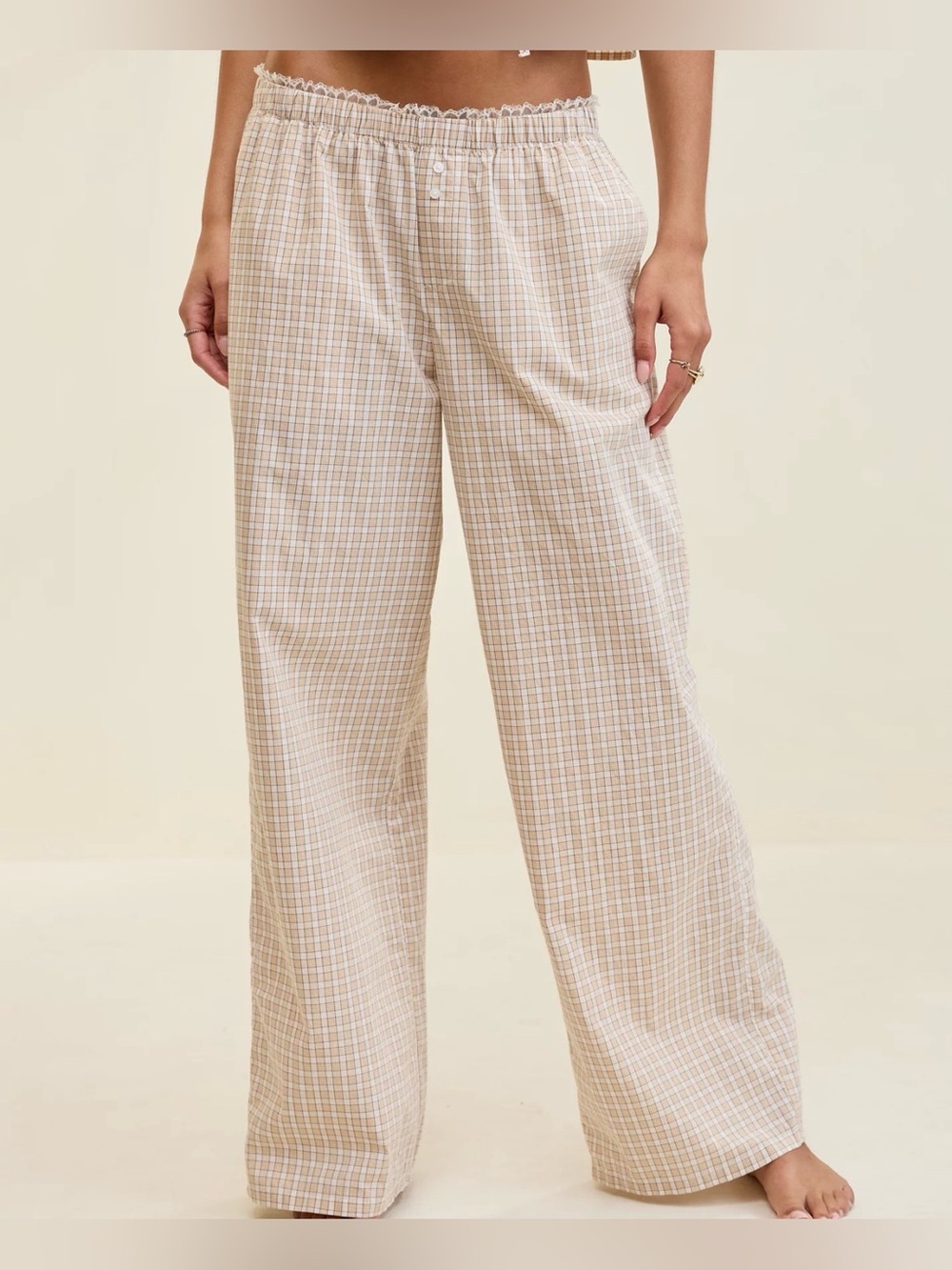 Aerie Off Duty Poplin PJ Trousers Wide-Leg in Beige & Cream